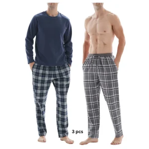 3-Piece Men's Pyjama Set with Long-Sleeve Polyester Top and Check Cotton Pants