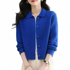 Women's long knit cardigan coat with lapel — button-front, heavyweight, cozy knit