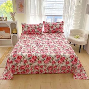 Red Flower Printed Bed Sheets - Available in Double, Single, Queen, and King Sizes