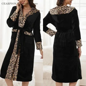 Leopard Print Robe for Women - Coral Fleece, Knee-Length Comfort